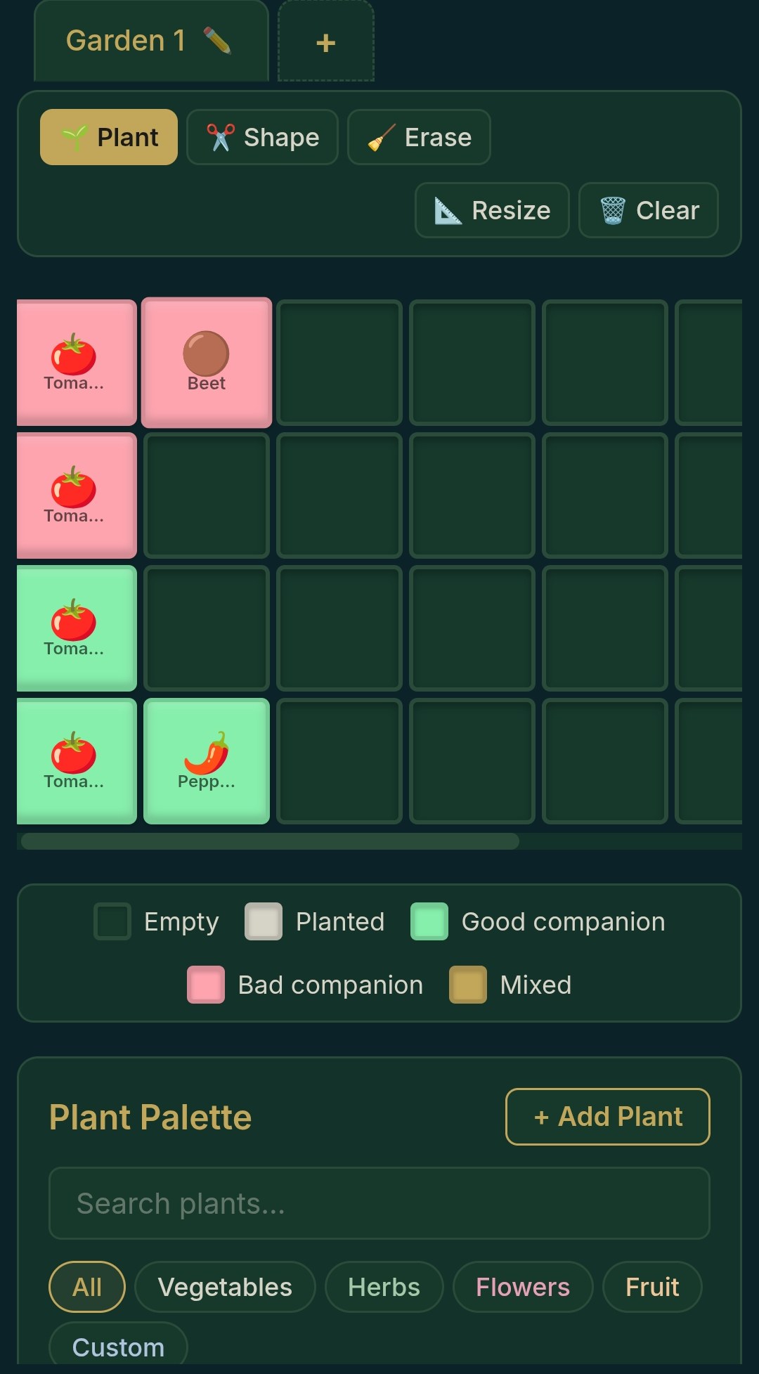 Hummingbird — companion planting with color-coded indicators