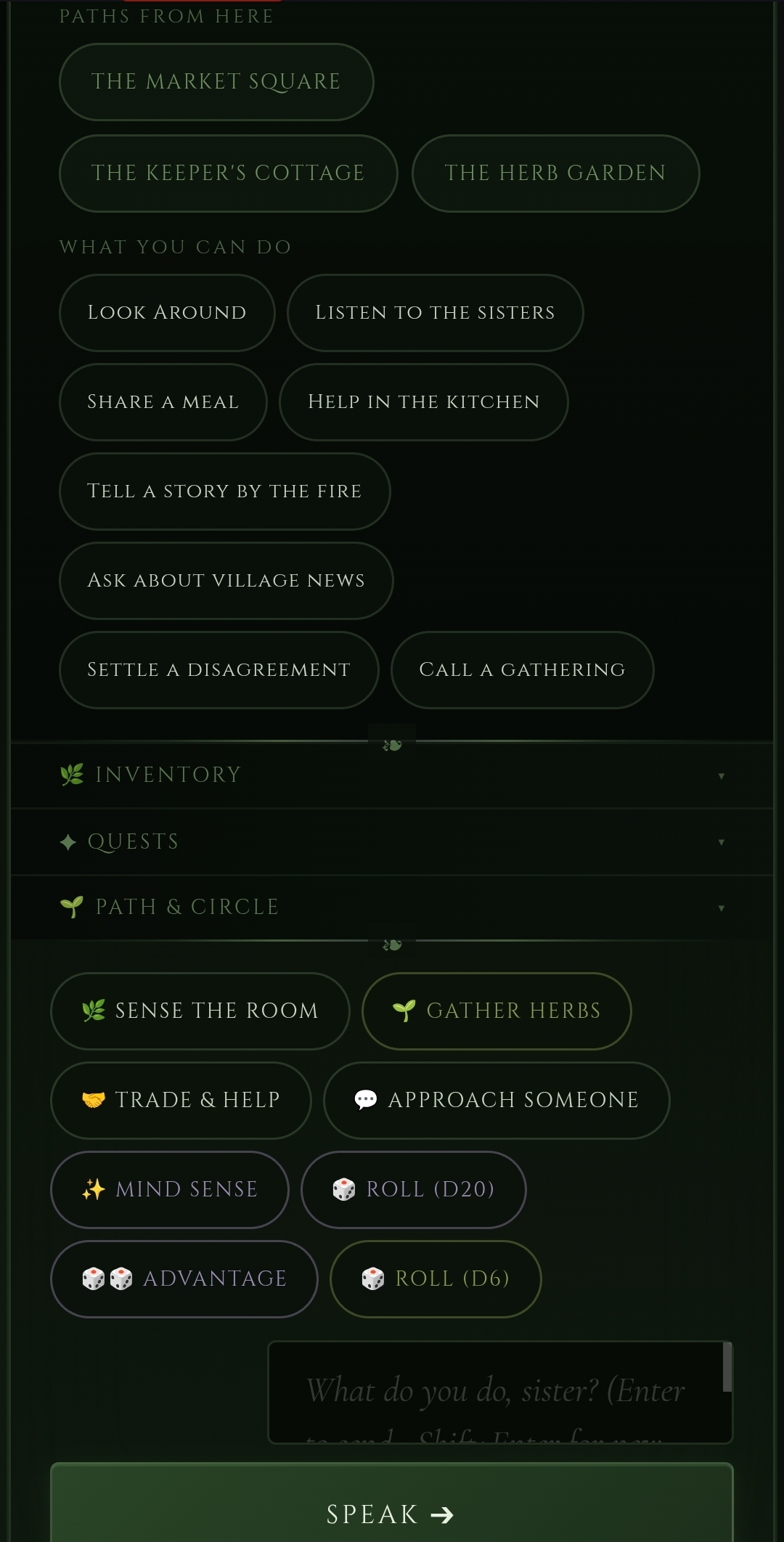 Mosswick — gather herbs, sense the room, trade and help