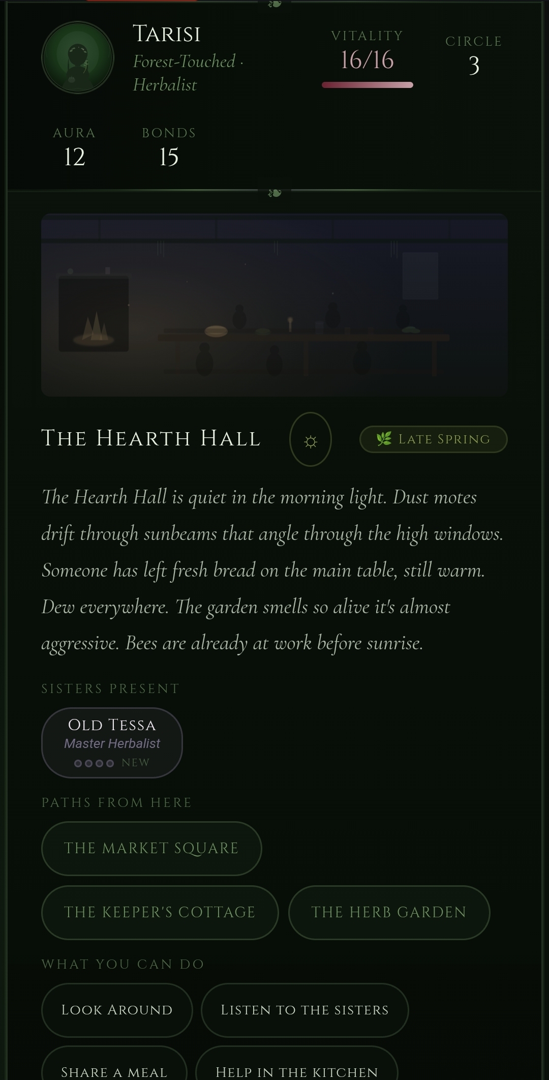 Mosswick — The Hearth Hall, Late Spring